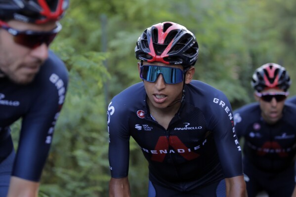 FILE -Colombia's Egan Bernal rides during a training session outside Nice, southern France, ahead of upcoming Saturday's start of the race, Aug. 27, 2020. (AP Photo/Christophe Ena), File)