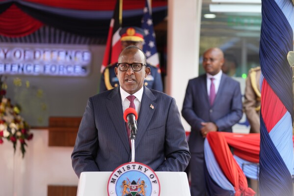 Kenya Cabinet Secretary for defence Aden Duale speaks during the joint press conference after a signing defence cooperation agreement in Nairobi, Kenya, Monday Sept. 25, 2023. The U.S. and Kenya signed a defense agreement Monday that will see the East African nation get resources and support for security deployments as it is poised to lead a multi-national peacekeeping mission to Haiti to combat gang violence. (AP Photo/Khalil Senosi)