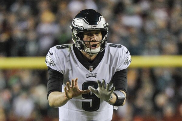 
              FILE - In this Sunday, Dec. 30, 2018 file photo, Philadelphia Eagles quarterback Nick Foles (9) calls for the snap during the first half of the NFL football game between the Washington Redskins and the Philadelphia Eagles in Landover, Md. Defense is the area with the most depth in this year's free agency class, Monday, March 11, 2019. (AP Photo/Mark Tenally, File)
            