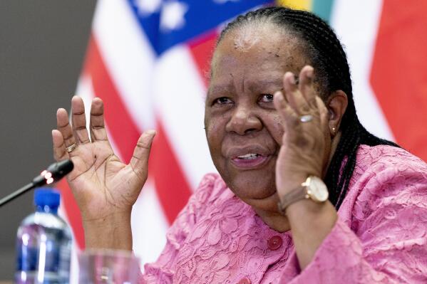 FILE - South Africa's Foreign Minister Naledi Pandor speaks to members of the media in Pretoria, South Africa, Aug. 8, 2022. Russia and China will conduct naval drills in the Indian Ocean off the coast of South Africa in February 2023 in another indication of their strengthening relationships with Africa's most developed country amid the war in Ukraine and global financial uncertainty. The announcement also comes days before Russian Foreign Minister Sergey Lavrov is due to visit South Africa and hold talks with South African counterpart Pandor.(AP Photo/Andrew Harnik, file)