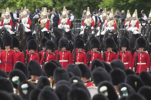 The Colonel's Review, for Trooping the Colour, at Horse Guards Parade in London, Saturday June 8, 2024, ahead of the King's Birthday Parade on June 15. (Jeff Moore/PA via AP)