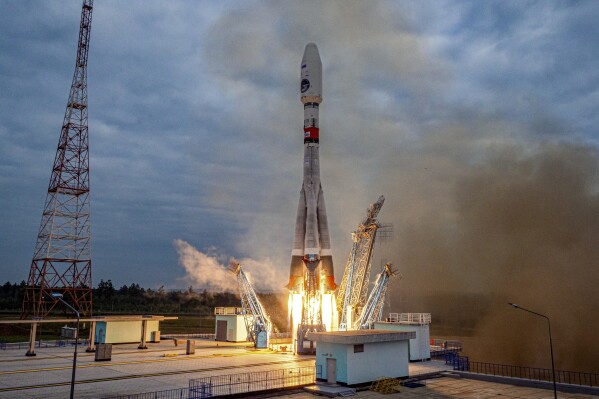 FILE - In this image made from video released by Roscosmos State Space Corporation, the Soyuz-2.1b rocket with the moon lander Luna-25 automatic station takes off from a launch pad at the Vostochny Cosmodrome in the Russian Far East on Friday, Aug. 11, 2023. Roscosmos, said Saturday, Aug. 19, 2023, that the spacecraft ran into trouble while trying to enter a pre-landing orbit arounthe moon. (Roscosmos State Space Corporation via AP, File)