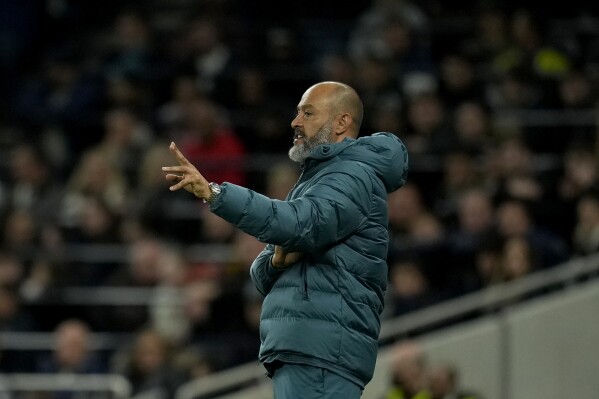 FILE - Then Tottenham's head coach Nuno Espirito Santo watches the Europa Conference League Group G soccer match between Tottenham Hotspur and NS Mura at the Tottenham Hotspur Stadium in London, Thursday, Sept. 30, 2021. Nuno Espirito Santo was appointed manager of Nottingham Forest on Wednesday as the Premier League club moved quickly to replace the fired Steve Cooper. Santo, who previously managed Wolves and Tottenham in England's top division, has signed a 2 1/2-year contract. (AP Photo/Matt Dunham, File)