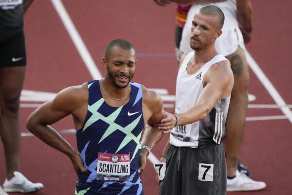 Garrett Scantling, left, reacts to his win in the the decathlon after 1500-meter run with third place, Zach Ziemek at the U.S. Olympic Track and Field Trials Sunday, June 20, 2021, in Eugene, Ore. (AP Photo/Chris Carlson)