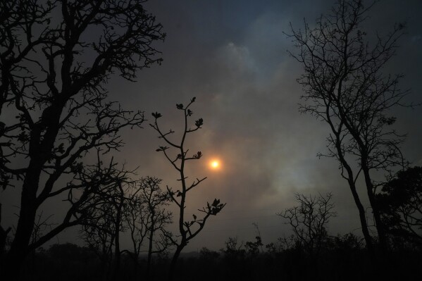 FILE - The sun sets behind the smoke of large-scale fires in the native Cerrado forest at the National Park in Brasilia, Brazil, Sept. 5, 2022. Deforestation has surged in this tropical savanna region, by nearly 45% compared to 2022 levels, according to data released on Jan. 12, 2024 by the government's monitoring agency. (AP Photo/Eraldo Peres, File)