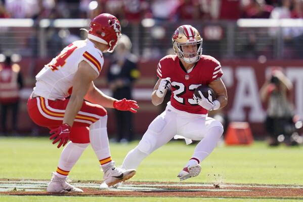 San Francisco 49ers running back Christian McCaffrey warms up before an NFL  football game against the Kansas City Chiefs in Santa Clara, Calif.,  Sunday, Oct. 23, 2022. (AP Photo/Godofredo A. Vásquez Stock