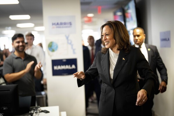 Vice President Kamala Harris arrives at her campaign headquarters in Wilmington, Del., Monday, July 22, 2024. (Erin Schaff/The New York Times via ĢӰԺ, Pool)