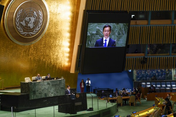 Chinese Vice President Han Zheng addresses the 78th session of the United Nations General Assembly, Thursday, Sept. 21, 2023 at United Nations headquarters. (AP Photo/Mary Altaffer)