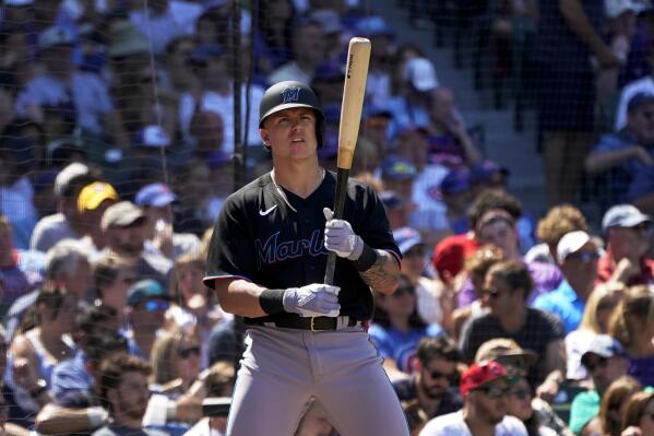 Peyton Burdick of the Miami Marlins in the dugout against the