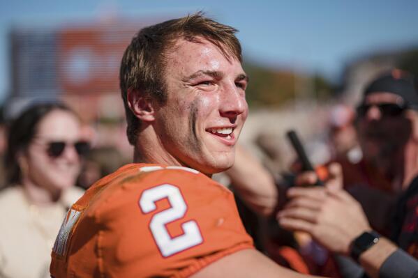 Clemson quarterback Cade Klubnik (2) walks off the field after an NCAA college football game against Syracuse on Saturday, Oct. 22, 2022, in Clemson, S.C. (AP Photo/Jacob Kupferman)