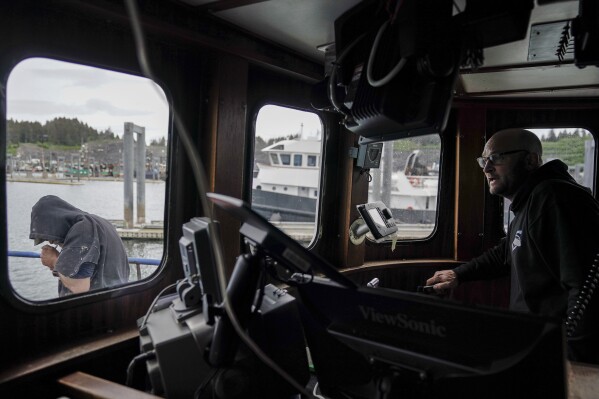Kevin Abena, right, who runs a fishing business with his father, looks out as he prepares to dock in Saint Herman Harbor after unloading salmon at a processor, Sunday, June 25, 2023, in Kodiak, Alaska. (AP Photo/Joshua A. Bickel)