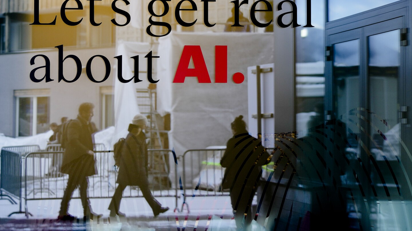 FILE - People are reflected in a window of a hotel at the Davos Promenade in Davos, Switzerland, Jan. 15, 2024. The artificial intelligence startup Pe