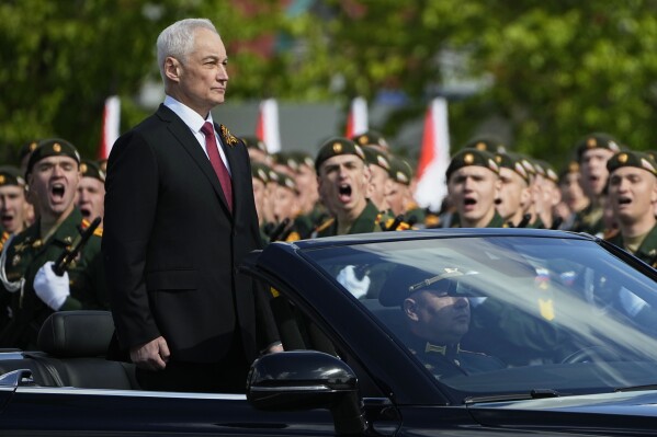 Russian Defense Minister Andrei Belousov is driven along Red Square in an Aurus car during the Victory Day military parade in Moscow, Russia, Friday, May 9, 2025, during celebrations of the 80th anniversary of the Soviet Union's victory over Nazi Germany during the World War II. (AP Photo/Pavel Bednyakov, Pool)
