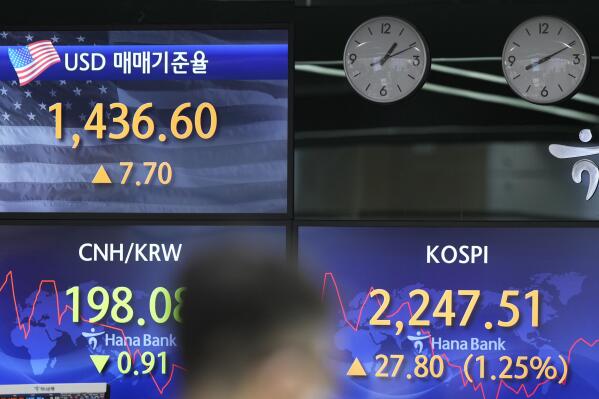 A currency trader walks by the screens showing the Korea Composite Stock Price Index (KOSPI), right, and the foreign exchange rates at a foreign exchange dealing room in Seoul, South Korea, Tuesday, Oct. 18, 2022. Stocks were mostly higher in Asia on Tuesday after Wall Street rallied in its latest about-face in recent topsy-turvy trading. (AP Photo/Lee Jin-man)