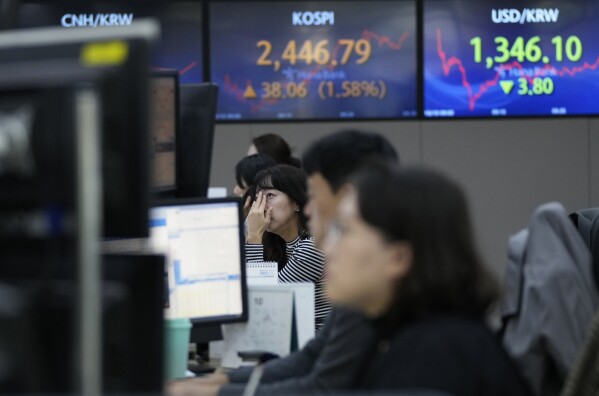 Currency traders watch monitors at the foreign exchange dealing room of the KEB Hana Bank headquarters in Seoul, South Korea, Tuesday, Oct. 10, 2023. Asian shares climbed Tuesday after Wall Street advanced on potentially encouraging news about interest rates, which have been dragging markets lower since the summer. (AP Photo/Ahn Young-joon)