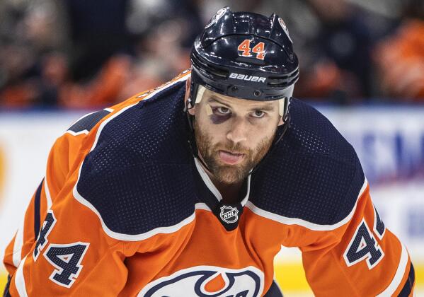 Edmonton Oilers' Zack Kassian (44) sports a black eye during the second period of the team's NHL hockey game against the Vancouver Canucks on Friday, April 29, 2022, in Edmonton, Alberta. (Jason Franson/The Canadian Press via AP)