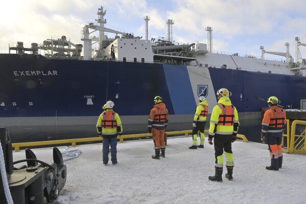 FILE - A view of the Vessel FSRU Exemplar, the floating liquefied natural gas LNG terminal chartered by Finland to replace Russian gas, at the port in Inkoo, Finland, Friday, Dec. 30, 2022. Finland and Estonia said Sunday, Oct. 8, 2023 that the undersea Balticconnector gas pipeline running between the two countries across the Baltic Sea has been temporarily taken out of service due to a suspected leak. Gasgrid Finland said the Finnish gas system is stable and the supply of gas has been secured through the Inkoo floating LNG terminal, referring to the offshore support vessel Exemplar. (Jussi Nukari/Lehtikuva via AP, File)