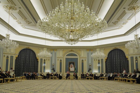 President Donald Trump and Saudi Crown Prince Mohammed bin Salman speak during a meeting at the Royal Palace in Riyadh, Saudi Arabia, Tuesday, May 13, 2025. (AP Photo/Alex Brandon)