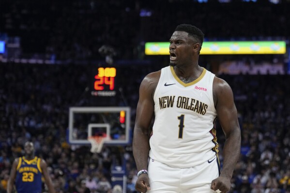 New Orleans Pelicans forward Zion Williamson reacts during the first half of an NBA basketball game against the Golden State Warriors, Friday, April 12, 2024, in San Francisco. (AP Photo/Godofredo A. Vásquez)
