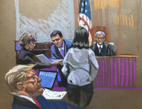 In this courtroom sketch, former President Donald Trump, bottom left, sits in court during the second day of jury selection in his criminal hush money trial in Manhattan criminal court in New York on Tuesday, April 16, 2024. (Christine Cornell via AP, Pool)
