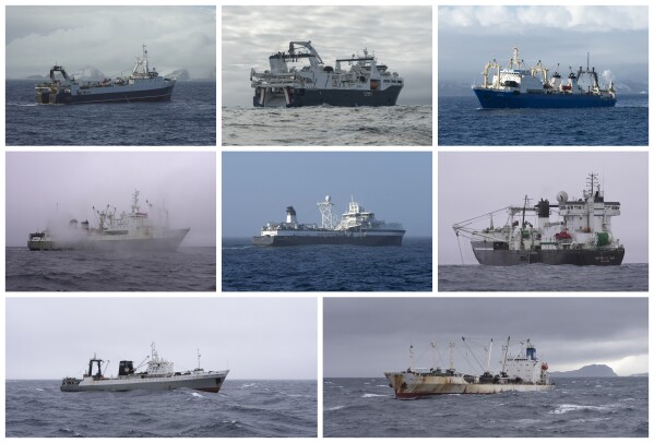 This combination of March 2023 photos shows ships involved in krill fishing in the Southern Ocean off Antarctica, top row from left, the Antarctic Endeavour, the Shen Lan and the Sejong; middle row from left, the Long Fa, the Antarctic Endurance and the Antarctic Sea; bottom row from left, the More Sodruzhestva and the Frio Las Palmas. Starting every December, around 10 to 12 mostly Norwegian and Chinese vessels brave the rough seas whipping across the tip of South America to descend upon the South Orkney Islands, a desolate chain of rocky outcrops. From there, as temperatures warm, the fleet follows the massive swarms of krill toward the South Pole, fishing at the foundation of the fragile ecosystem’s food web. (AP Photo/David Keyton)