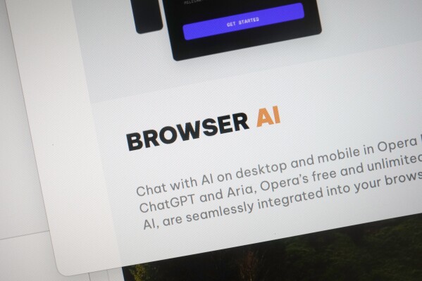 A portion of a Opera page showing the incorporation of AI technology is shown in London, Tuesday, Feb. 13, 2024. The rise of generative AI chatbots is giving people new and different ways to look up information. (AP Photo/Alastair Grant)