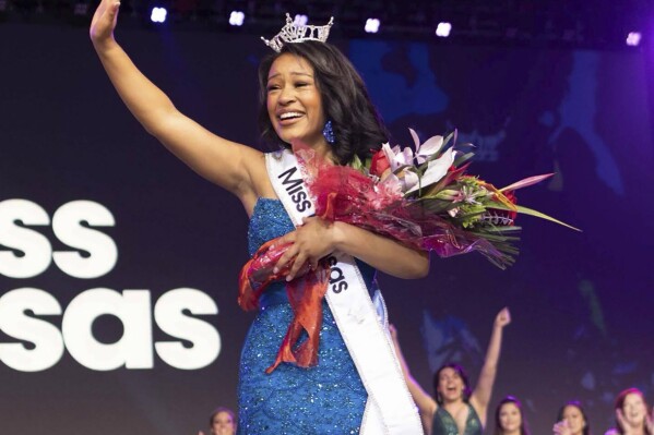 This photo provided by Miss America shows Alexis Smith who was crowned Miss Kansas on June 8, 2024, at the ceremony held in Pratt, Kan. Smith works overnight shifts as a cardiothoracic intensive care nurse in Wichita. (Miss America via AP)