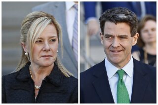 FILE - This combination of March 29, 2017 file photos shows Bridget Kelly, left, and Bill Baroni leaving federal court after sentencing in Newark, N.J. The Supreme Court has thrown out the convictions of the two political insiders involved in New Jersey's "Bridgegate" scandal. The court says in a unanimous decision that the government had overreached in prosecuting Kelly and Baroni for their roles in a political payback scheme that created a massive traffic jam to punish a New Jersey mayor who refused to endorse the reelection of then-Gov. Chris Christie, a Republican. (AP Photo/Julio Cortez, File)