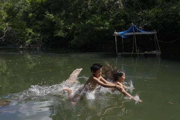 Juma Indigenous kids play on the Assua River at their community near Canutama, Amazonas state, Brazil, Sunday, July 9, 2023. The Juma seemed destined to disappear following the death of the last remaining elderly man, but under his three daughters’ leadership, they changed the patriarchal tradition and now fight to preserve their territory and culture. (AP Photo/Andre Penner)