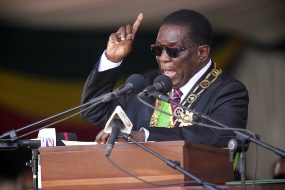 Zimbabwe's President Emmerson Mnangagwa delivers his speech during his inauguration ceremony at the National Sports Stadium in the capital Harare, Monday, Sept. 4, 2023. Mnangagwa Monday hailed recent elections as a sign of the country’s “mature democracy” and a victory over Western adversaries, as he took an oath of office following polls whose credibility was questioned by multiple observer missions, including those from Africa. (AP Photo /Tsvangirayi Mukwazhi)