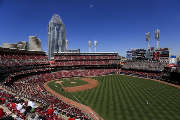 A view of the field during the fourth inning of a baseball game between the Cleveland Indians and the Cincinnati Reds in Cincinnati, Sunday, April 18, 2021. (AP Photo/Aaron Doster)
