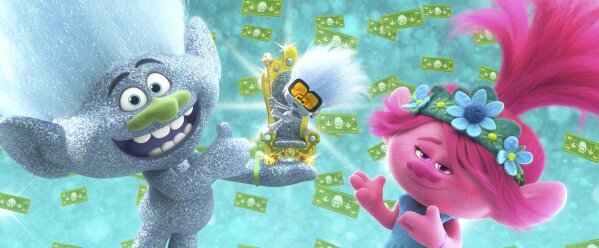 This image released by DreamWorks Animation shows characters, from left, Guy Diamond, voiced by Kunal Nayyar, Tiny Diamond, voiced by Kenan Thompson and Poppy, voiced by Anna Kendrick in a scene from "Trolls World Tour." Universal Pictures is calling the “Trolls World Tour” digital release a success and suggests it may be the beginning of a sea change in how movies are released. Theater owners strenuously disagree. AMC Theaters, the largest chain in the United States, is signaling an all-out war, saying it will refuse to play Universal movies. (DreamWorks Animation via AP)