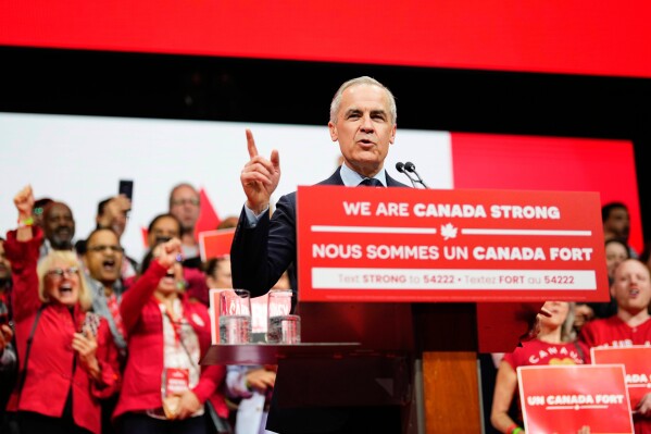 Canadian Prime Minister Mark Carney speaks on stage at his campaign headquarters after the Liberal Party won the Canadian election in Ottawa on Tuesday, April 29, 2025. (Justin Tang/The Canadian Press via AP)
