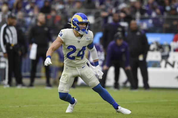 FILE - Los Angeles Rams safety Taylor Rapp against the Baltimore Ravens during the first half of an NFL football game, Sunday, Jan. 2, 2022, in Baltimore. The Buffalo Bills upgraded their secondary depth by signing free agent safety Taylor Rapp to a one-year contract on Friday, March 31, 2023. (AP Photo/Gail Burton, File)