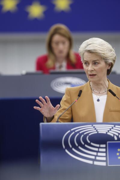 President of the European Commission Ursula Von der Leyen delivers her speech during a debate preparing the next European Council meeting, Wednesday, March 15, 2023 in Strasbourg, eastern France. (AP Photo/Jean-Francois Badias)