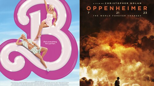 Esta combinación de fotos muestra el arte promocional de "Barbie," izquierda y "Oppenheimer." (Warner Bros./Universal Pictures vía AP)