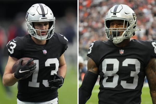 Tight end (83) Darren Waller of the Las Vegas Raiders warms up before  playing against the Los Angeles Chargers in an NFL football game, Sunday,  Sept. 11, 2022, in Inglewood, Calif. Chargers