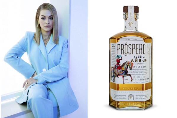 This combination photo shows singer-actress Rita Ora, left, and a bottle of her Prospero Anejo tequila. Ora, who serves as chief creative partner, teamed with master distiller Stella Anguiano to produce a variety of tequilas from Mexico. (AP Photo, left, and Prospero via AP)