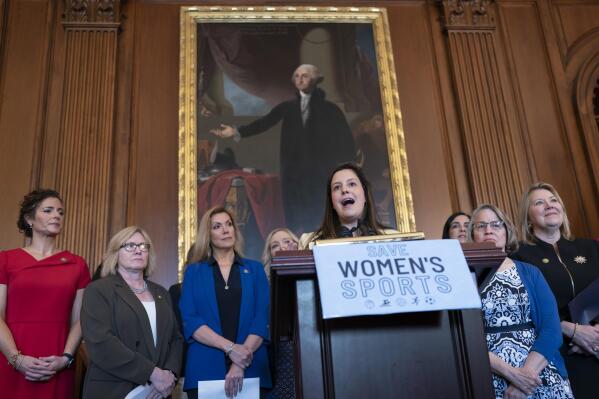 House Republican Conference Chair Elise Stefanik, R-N.Y., speaks as GOP women members hold an event before the vote to prohibit transgender women and girls from playing on sports teams that match their gender identity, at the Capitol in Washington, Thursday, April 20, 2023. The Republican-led House was expected to vote Thursday to bar schools and colleges that receive federal money from allowing transgender athletes whose biological sex assigned at birth was male from competing on girls or women's sports teams or athletic events. (AP Photo/J. Scott Applewhite)