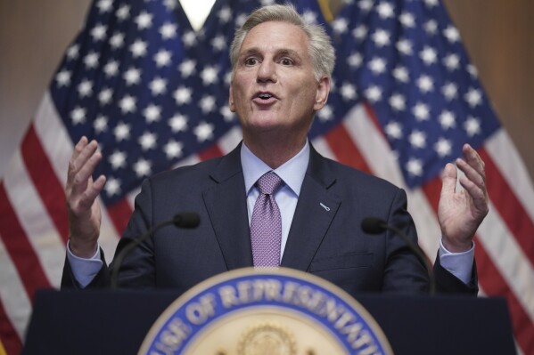 Rep. Kevin McCarthy, R-Calif., speaks to reporters hours after he was ousted as Speaker of the House, Tuesday, Oct. 3, 2023, at the Capitol in Washington. (AP Photo/J. Scott Applewhite)