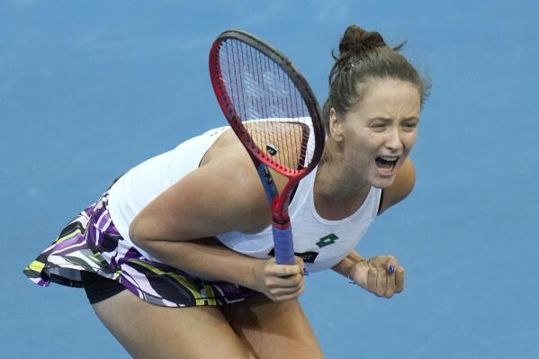 Slovakia's Viktoria Kuzmova c celebrates after defeating US Shelby Rogers during their group C Billie Jean King Cup finals tennis match in Prague, Czech Republic, Tuesday, Nov. 2, 2021. (AP Photo/Petr David Josek)