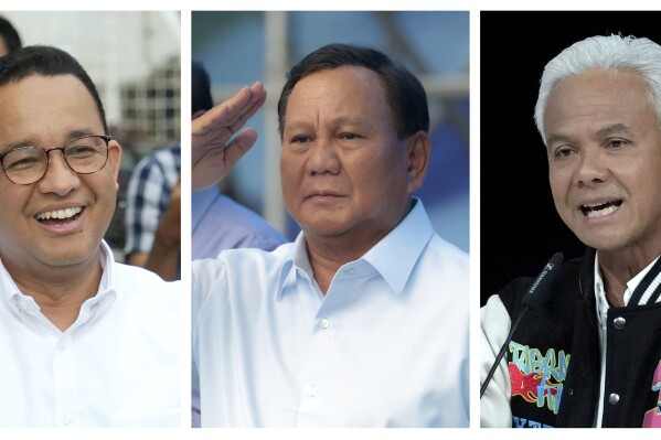 FILE - This combo photo shows Indonesian presidential candidates, from left, Anies Baswedan, Prabowo Subianto and Ganjar Pranowo. Indonesians on Wednesday, Feb. 14, 2024 will elect the successor to popular President Joko Widodo, who is serving his second and final term. It is a three-way race for the presidency among current Defense Minister Prabowo Subianto and two former governors, Anies Baswedan and Ganjar Pranowo. (AP Photo, File)