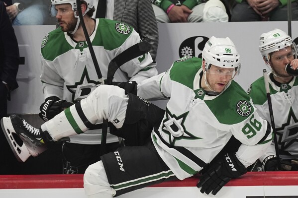 Dallas Stars right wing Mikko Rantanen heads on to the ice for his shift in the third period of Game 4 of an NHL first-round playoff series against the Colorado Avalanche, Saturday, April 26, 2025, in Denver. (AP Photo/David Zalubowski, File)