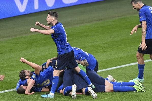 Italy's players celebrate after scoring their side's second goal during the Euro 2020 soccer championship round of 16 match between Italy and Austria at Wembley stadium in London, Saturday, June 26, 2021.(AP Photo/Justin Tallis, Pool)