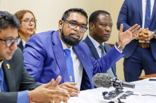 Guyana's President Irfaan Ali speaks during a press conference in Argyle, St. Vincent, Dec. 14, 2023. (AP Photo/Lucanus D. Ollivierre, File)