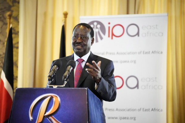 Kenya's opposition leader Raila Odinga speaks during a press briefing with journalists in Nairobi, Kenya, Tuesday, 25, July, 2023. (AP Photo/ Khalil Senosi, File)