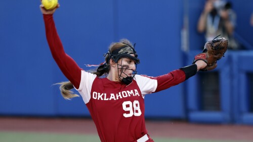 Oklahoma's Jordyn Bahl pitches against Florida State during the fifth inning of the second game of the NCAA Women's College World Series softball championship series Thursday, June 8, 2023, in Oklahoma City. (AP Photo/Nate Billings)