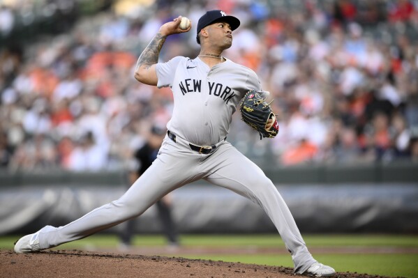 New York Yankees starting pitcher Luis Gil throws during the second inning of a baseball game against the Baltimore Orioles, Wednesday, May 1, 2024, in Baltimore. (AP Photo/Nick Wass)