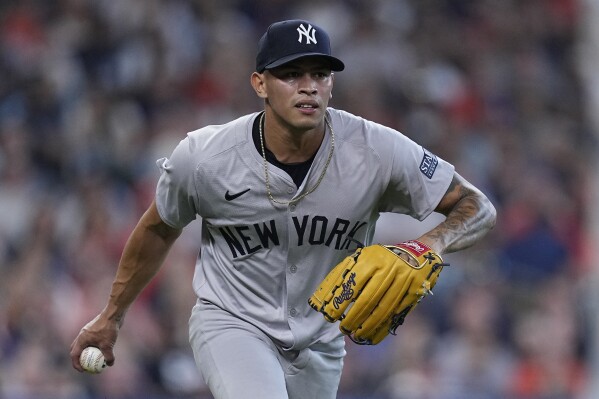 New York Yankees relief pitcher Jonathan Loaisiga fields a ground ball from Houston Astros pinch hitter Jon Singleton during the sixth inning of a baseball game, Thursday, March 28, 2024, in Houston. (AP Photo/Kevin M. Cox)