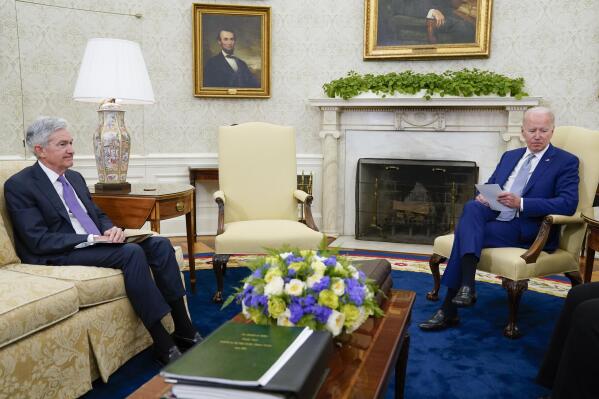 President Joe Biden meets with Federal Reserve Chairman Jerome Powell and Treasury Secretary Janet Yellen, not pictured, in the Oval Office of the White House, Tuesday, May 31, 2022, in Washington. (AP Photo/Evan Vucci)